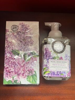 NEW Michel French Lilacs Foaming Shea Butter Hand Soap & Paper Hostess Napkins